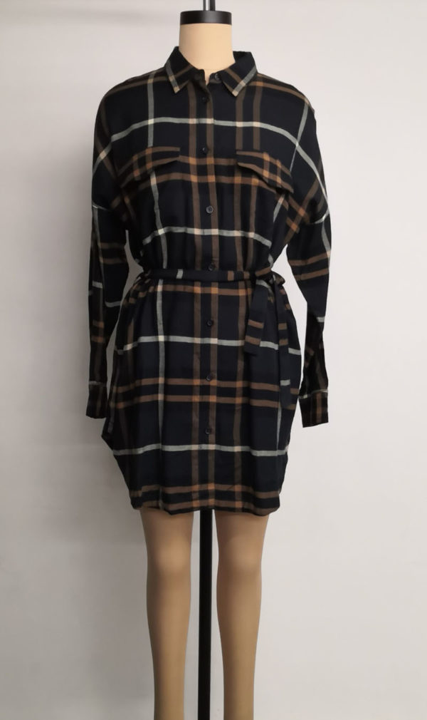 Checkered Shirt Dress with Waist Tie