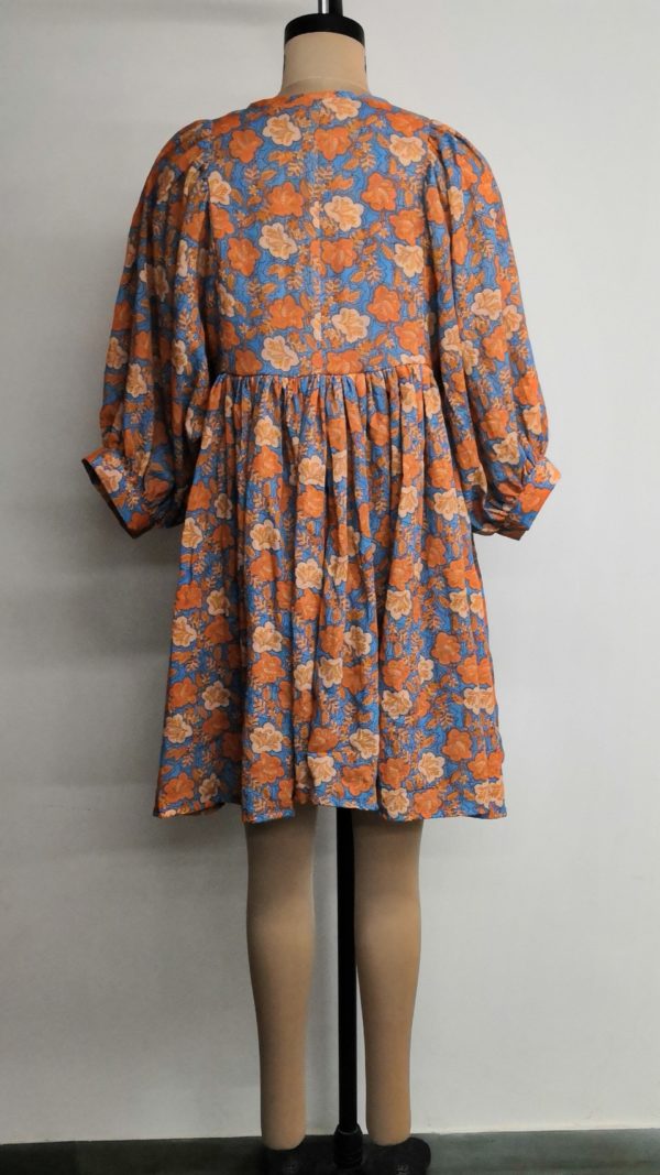 Balloon Sleeve Short Dress with Neck Tie - Image 2