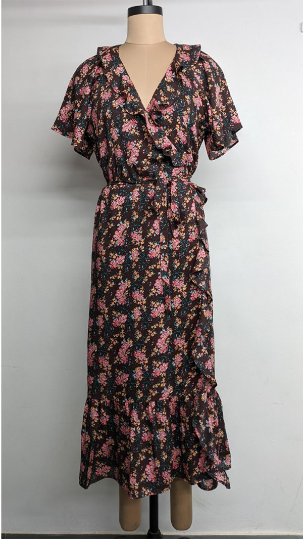Ruffle Neck Wrap Dress with Waist Tie